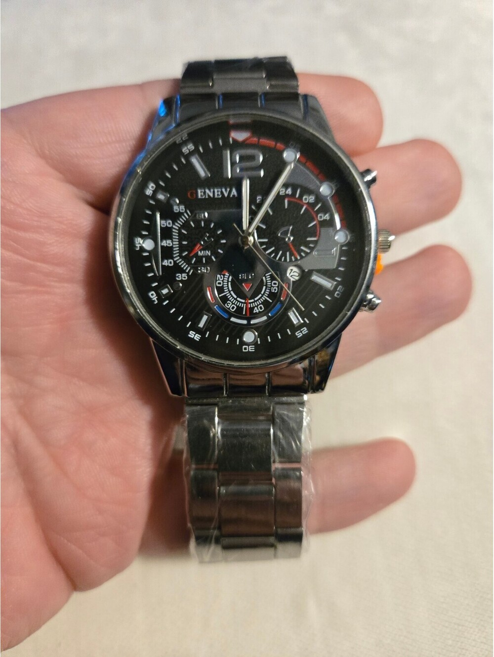 New Men's Silver and Black Stainless Steel Watch with Multifunction Dial